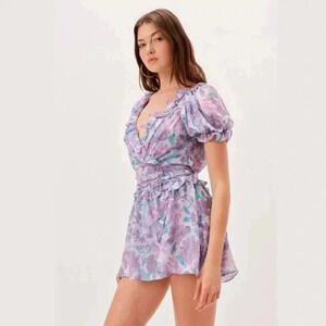 NWT For Love & Lemons Shelly Floral Lilac Ruffle Mini Dress Size Large